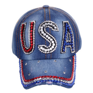 # No. 3 Denim blue colored diamond USA cloth baseball cap / Adjustable