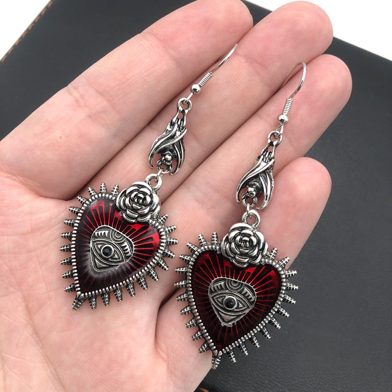 Wholesale Dark Gothic Style Wild Rose Heart Shaped Blood Eye Oil op Bat Earrings