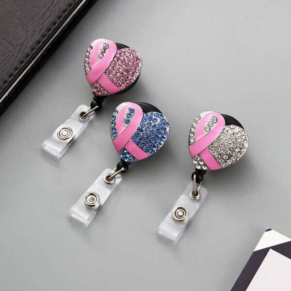 Wholesale Badge Reels Pink Ribbon Diamond Retractable Keychain Alloy Keychain
