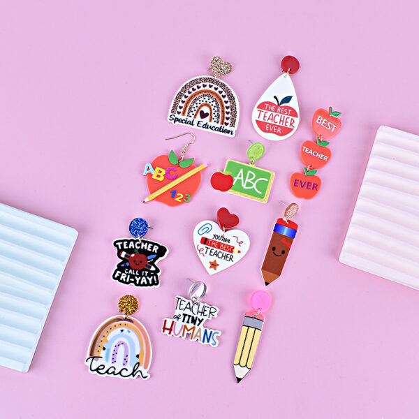 Wholesale Teacher's Day Back To School Season Pencil Rainbow Book Bag Book Red Apple Acrylic Earrings