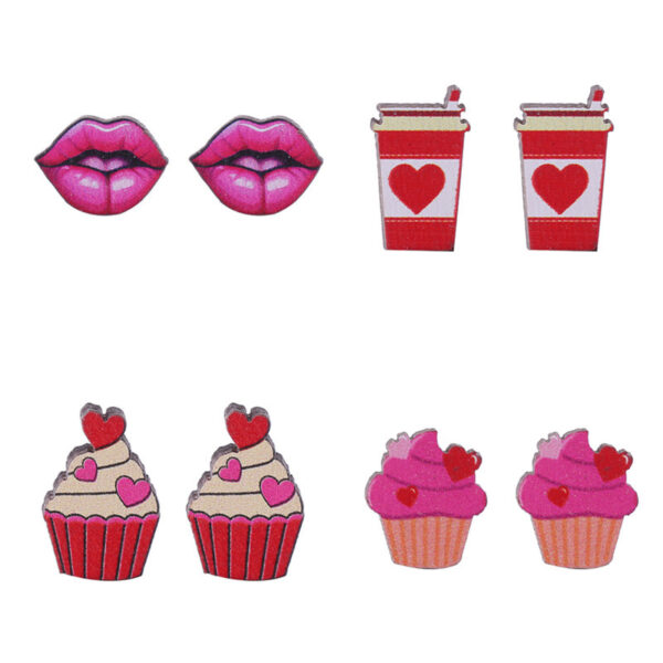 Wholesale Valentine's Day Bear Flowers Red Lips Cartoon Cake Wooden Earrings