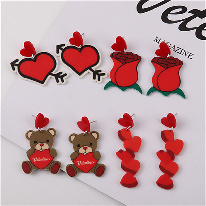 Wholesale Valentine's Day Love Bear Rose Flower Heart Shape Acrylic Earrings