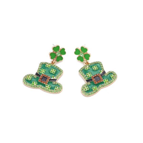 Wholesale St. Patrick's Clover Hat Alloy Oil Drop Diamond Earrings