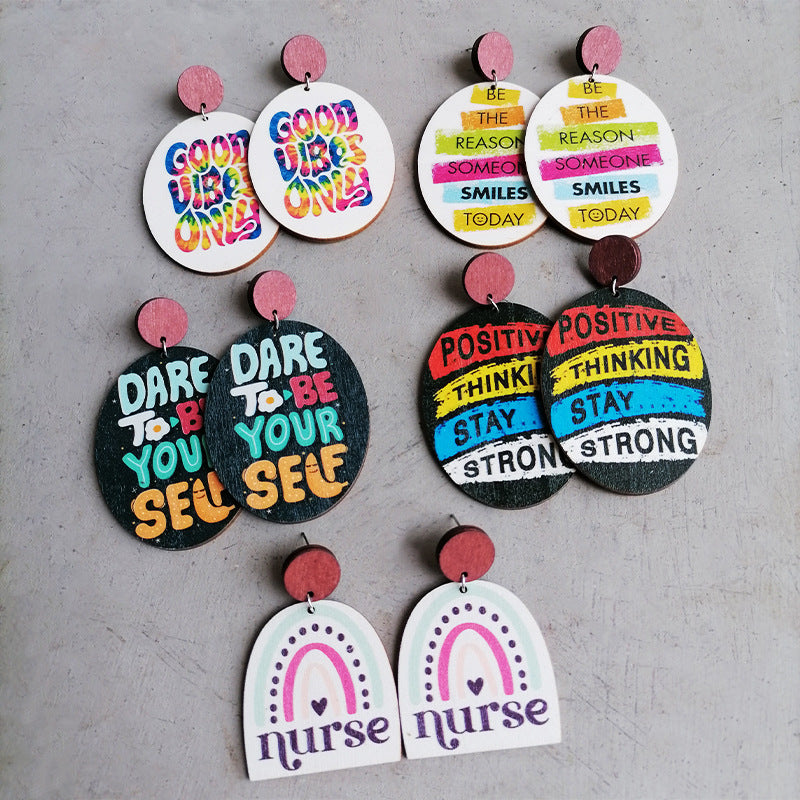 Wholesale Optimistic Inspirational Text Rainbow Nurse Wooden Earrings