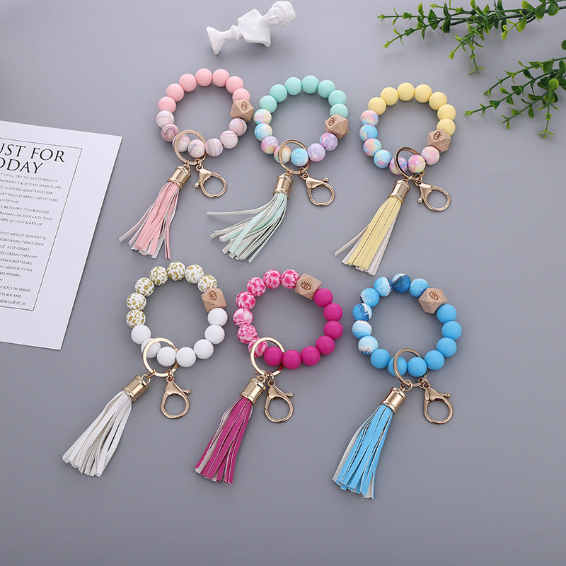 Wholesale Tassel Silicone Beaded Wrist Keychain