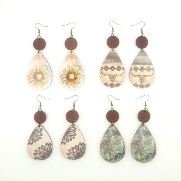 Wholesale Western style Wooden Printing Retro Sunflower Tauren Earrings
