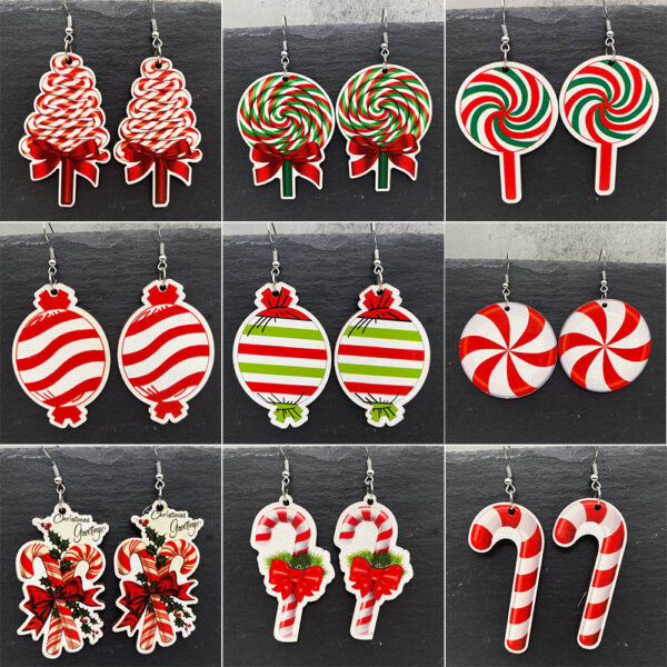 Wholesale Christmas Candy Cane Cane Wooden Earrings
