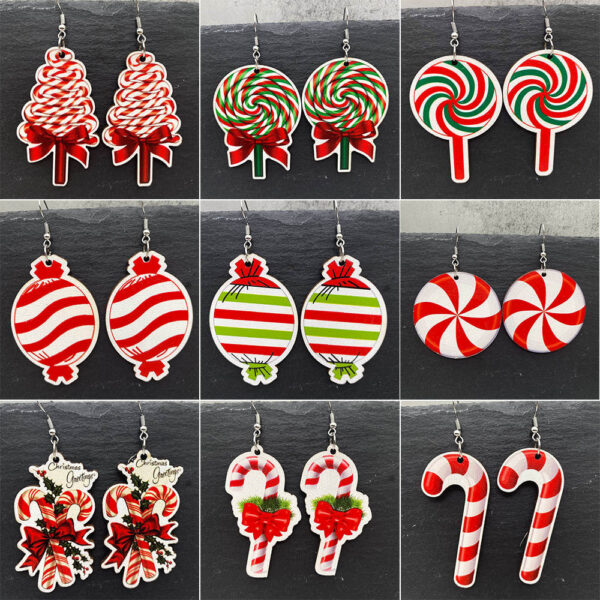 Wholesale Christmas Candy Cane Cane Wooden Earrings