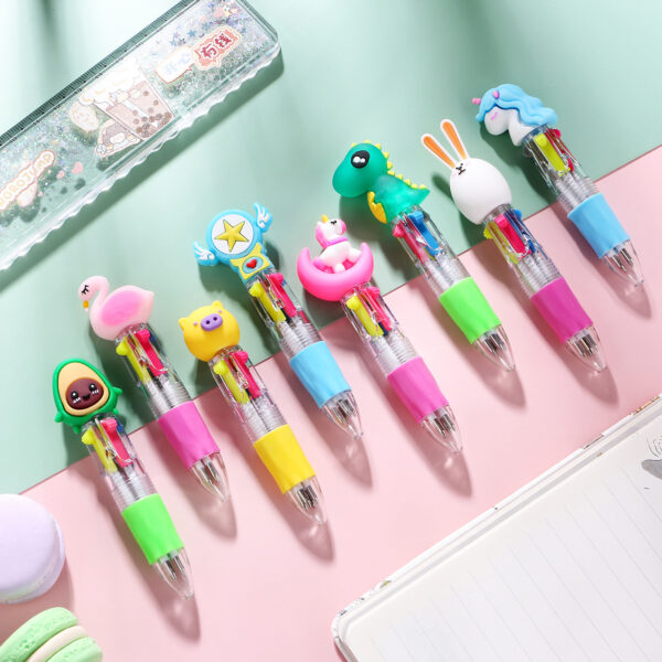 Wholesale Cartoon Cute Head Color Pushing Mini Four Color Plastic Ballpoint Pen