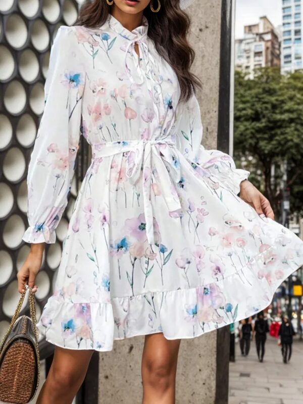 Wholesale Polyester Half Turtle Neck Tie Waist Floral Print Long Sleeve Dress