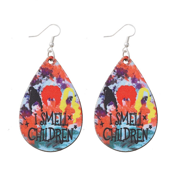 Wholesale Witch Head I Smell Children Water Drop Double Sided PU Leather Earrings