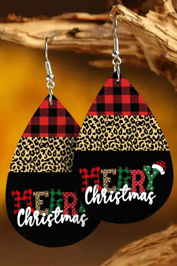 Wholesale Christmas Red Plaid Drop Santa Claus Leopard Pattern Love Leather Earrings