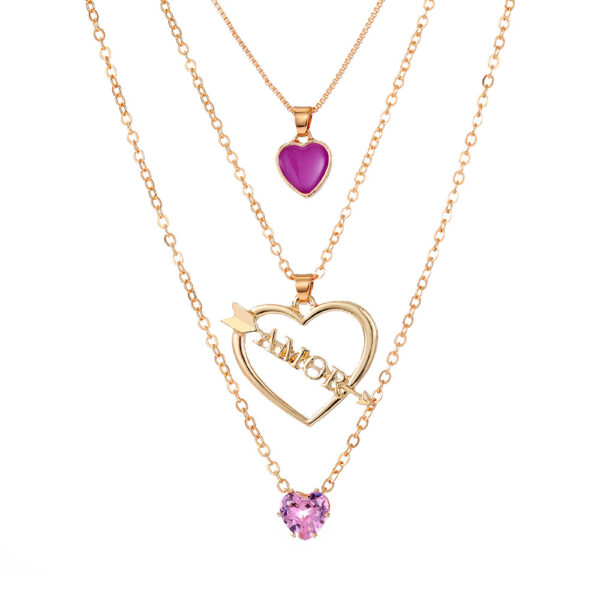 Wholesale Multilayer Pink Heart Diamond Cupid's Arrow Alloy Necklaces