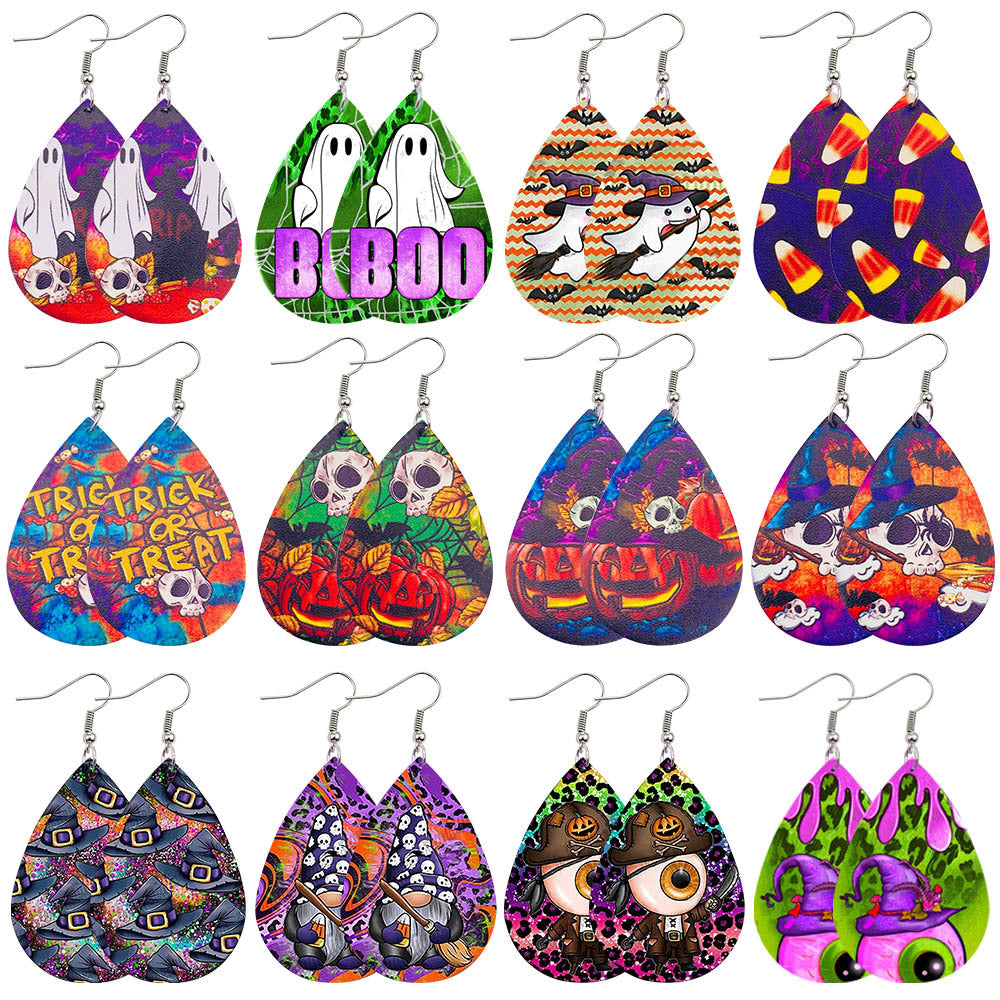 Wholesale Flower Skull Double Sided Leather Water op Earrings