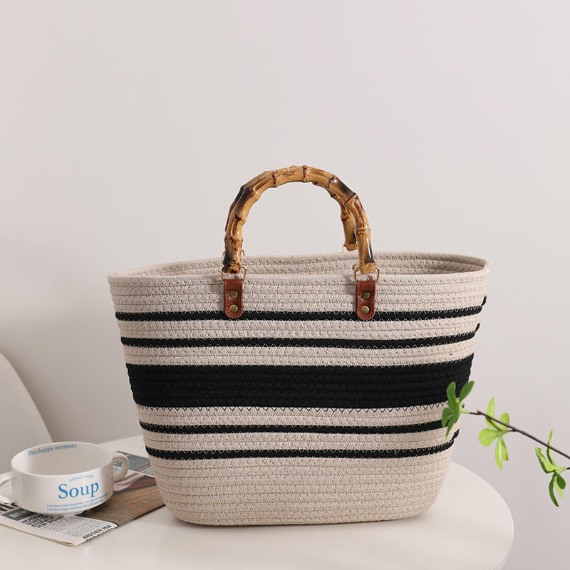 Wholesale Bamboo-like French Retro Straw Bag rtable Striped Large-capacity Cotton Woven Bag