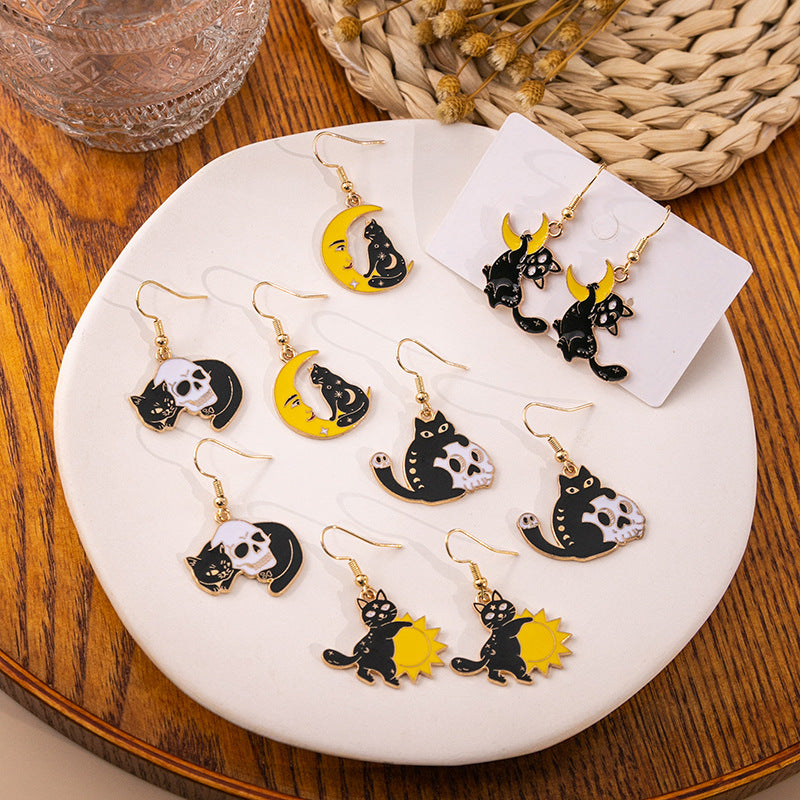 Wholesale Horror Funny Skull Creative Cat Sun Moon Earrings