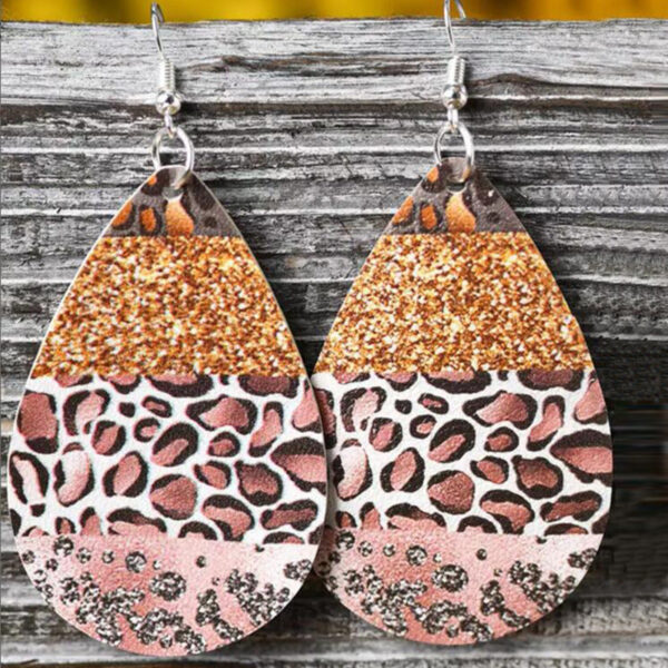 Wholesale Leopard Print Stitching Drop-shaped Leather Earrings