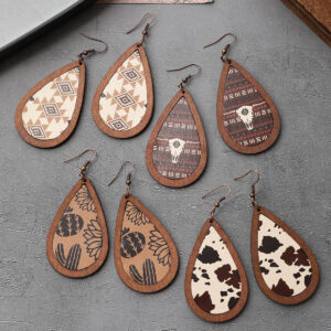 Wholesale Western Farm Style Denim Cactus Cow Head Vintage Totem Pattern Leather Wood Pieces Women's Earrings Cross Border Earrings