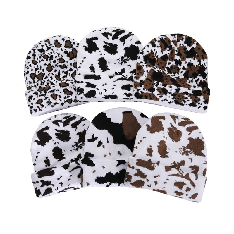 Wholesale Acrylic Autumn and Winter Leopard Patterned Cow Knitted Wool Hats