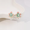 Wholesale Drip Oil Flower Pearls Enamel Pink Blue Petals Alloy Earrings