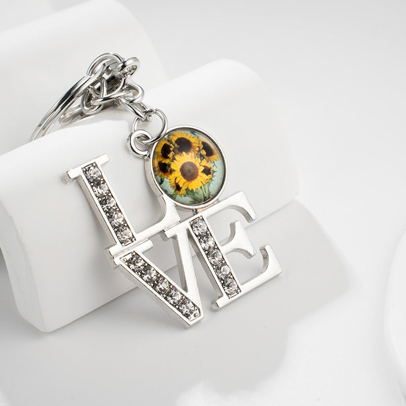 Wholesale Mother's Day Suower Time Gemstone Diamond Pendant Metal Keychain