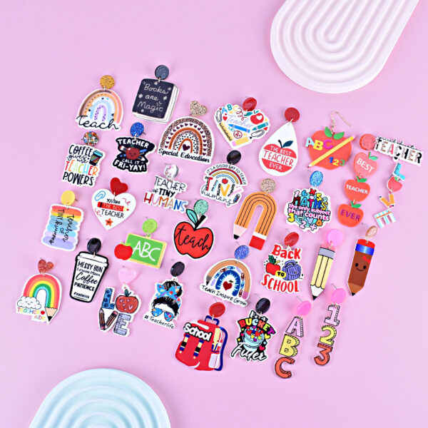 Wholesale Teacher's Day Back To School Season Pencil Rainbow Book Bag Book Red Apple Acrylic Earrings