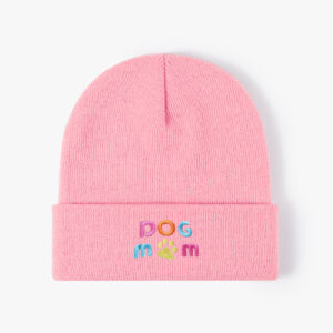 Embroidered DOG MOM Knit Hat-Pink / Free size