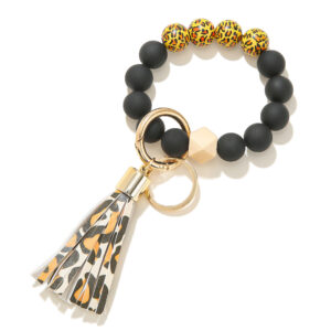1 orange leopard print black frosted bead bracelet keychain B12-0401