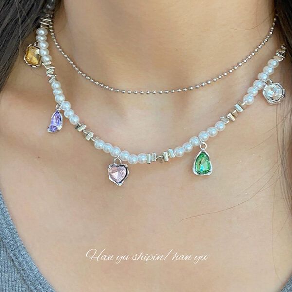 Wholesale Double Layer Pearl Heart Color Crystal Necklaces