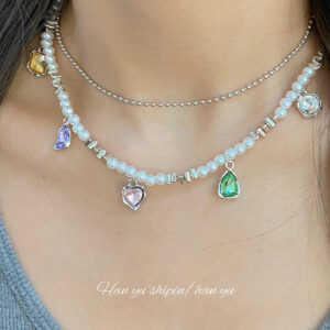 Wholesale Double Layer Pearl Heart Color Crystal Necklaces