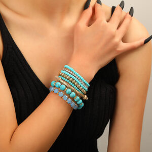 Wholesale Bohemian Turquoise Round Beads Vintage Elastic Rhinestone Rice Beads Bracelet Set