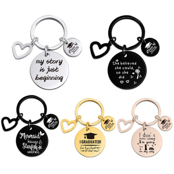 Wholesale Graduation Season Gift Lettering Stainless Steel Round Card Heart Keychain