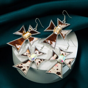 Wholesale Cross Alloy Inlaid Glass Diamond Leopard Print Leather Earrings