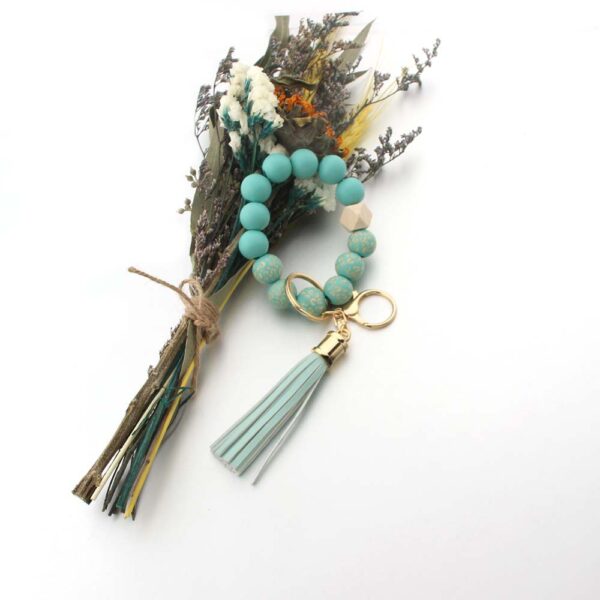 Wholesale Wooden Bead Printed Leather Tassel Bracelet Keychain