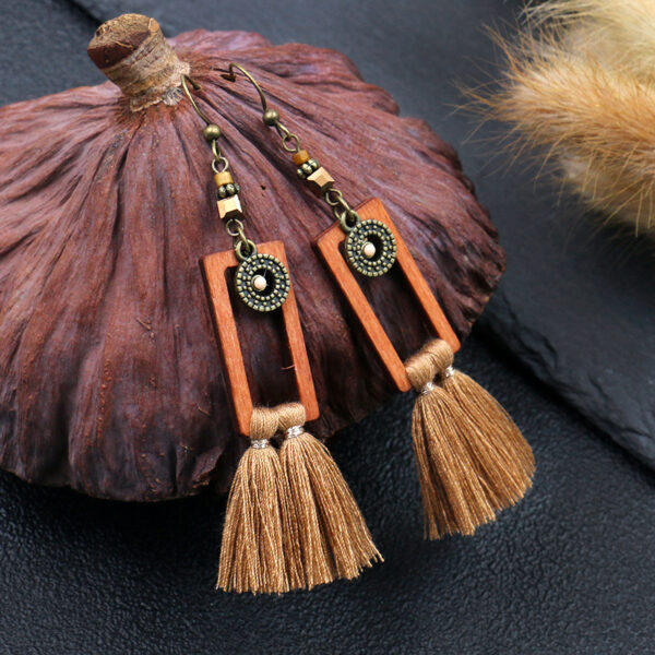Wholesale Bohemian Square Tassel Long Wooden Earrings