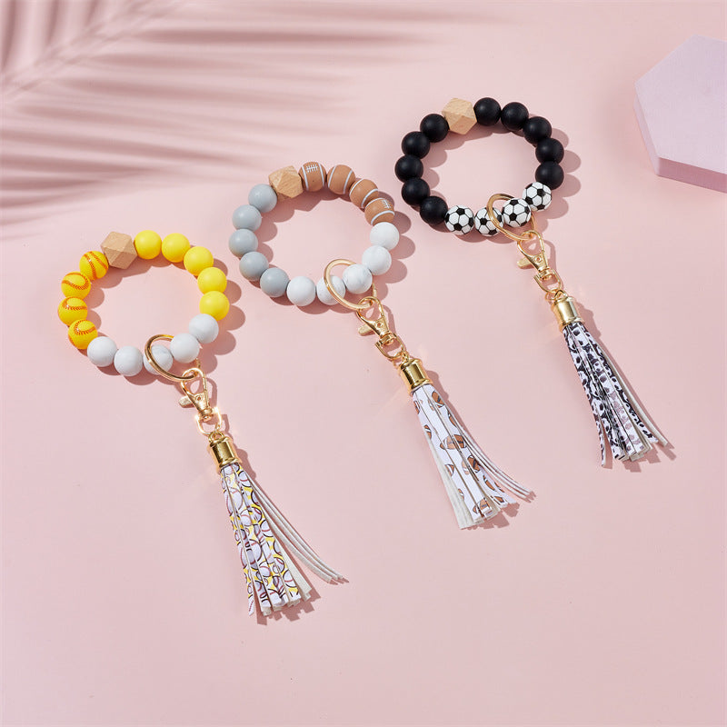Wholesale basketball, football, rugby Silicone Beaded Wrist Keychain