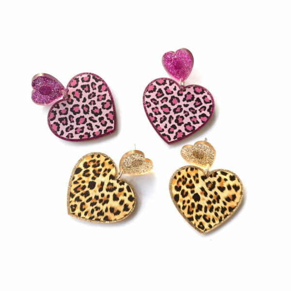 Wholesale Valentine's Day Pink Leopard Glitter Love Boots Rainbow Earrings
