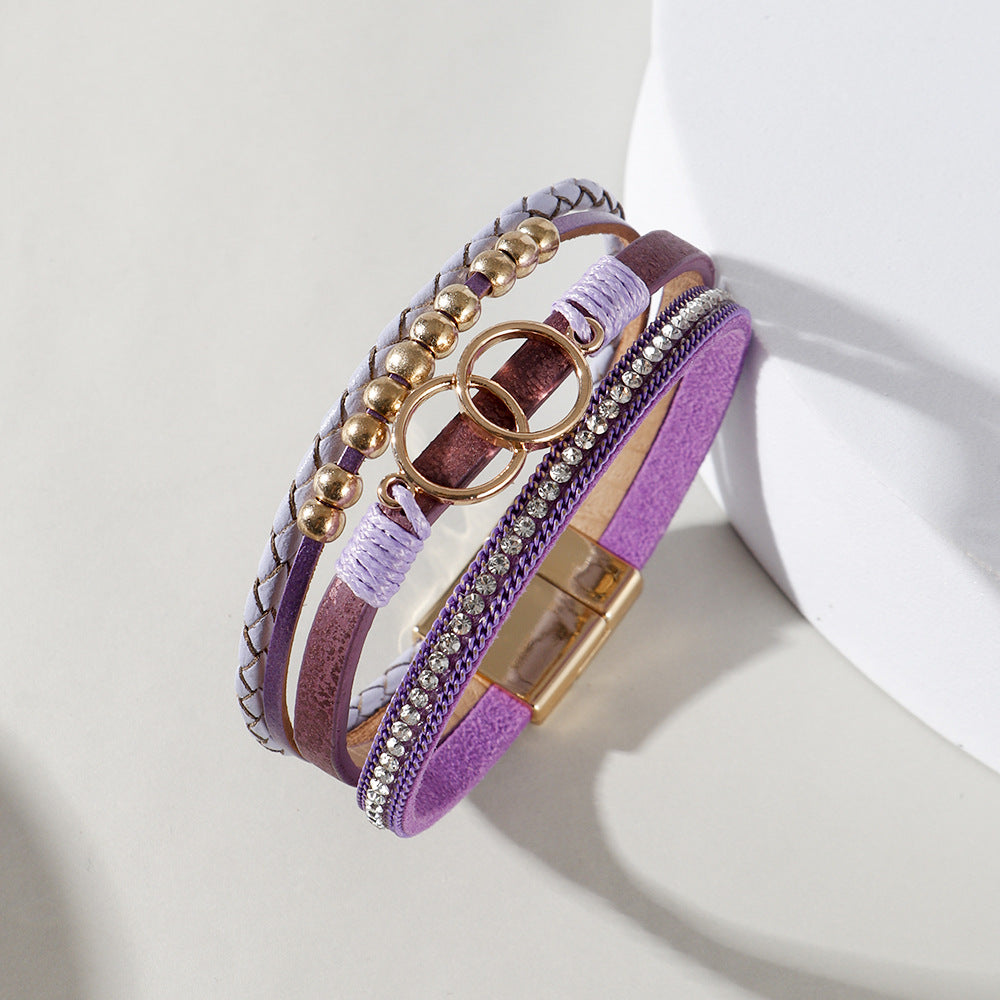 Wholesale Multilayer Braided Leather Double Circle Magnet Buckle Bracelet