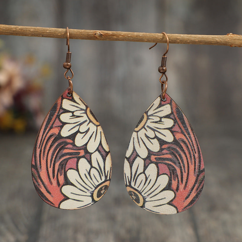 Wholesale Vintage Feng Shui op Shaped Suower Wooden Earrings