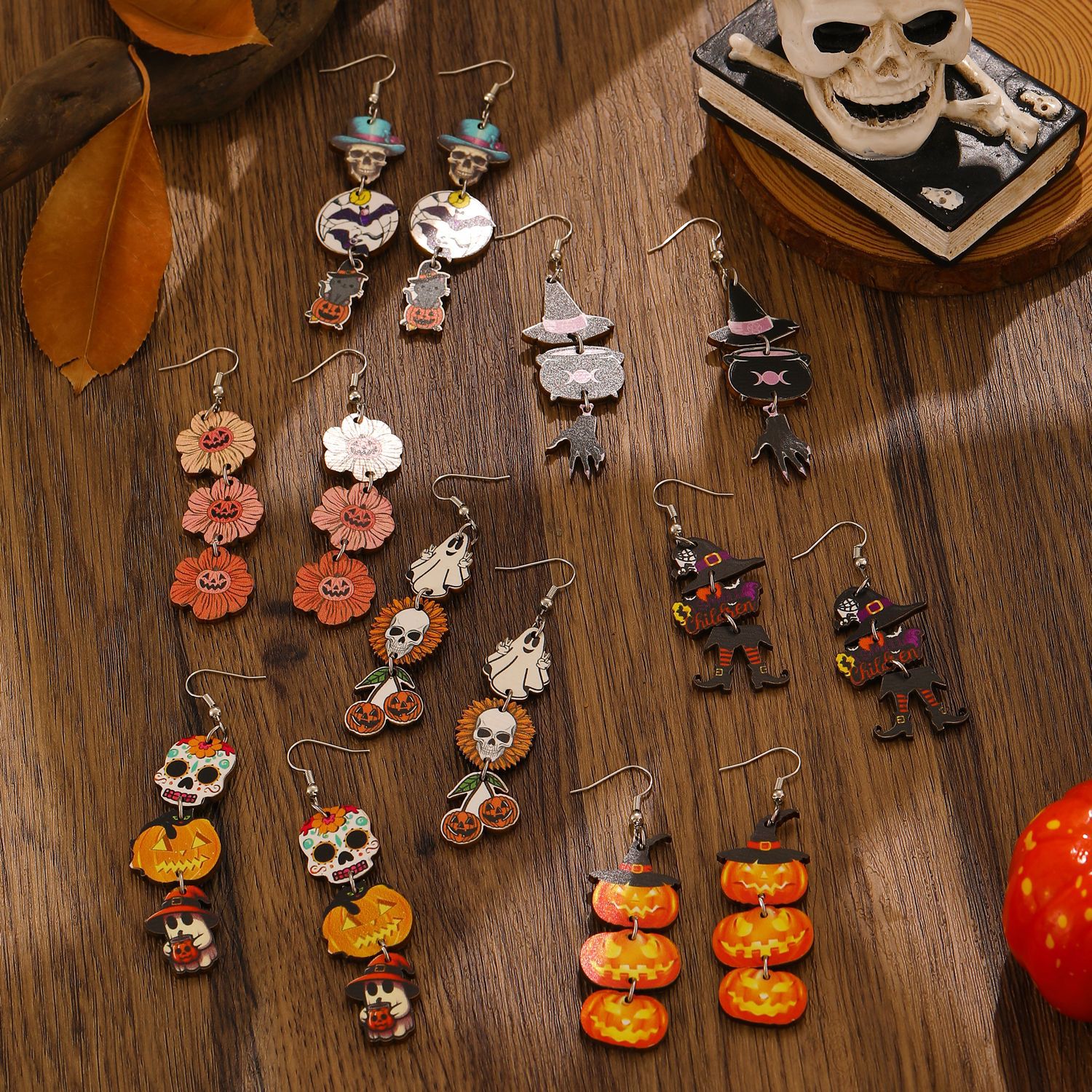 Wholesale Printed Colorful Pumpkin Skull Ghost Gift Creative Splicing Wooden Earrings