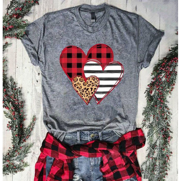Wholesale Valentine's Day Leopard Pattern Love Pattern Printed lyester Pullover Short Sled T-shirts