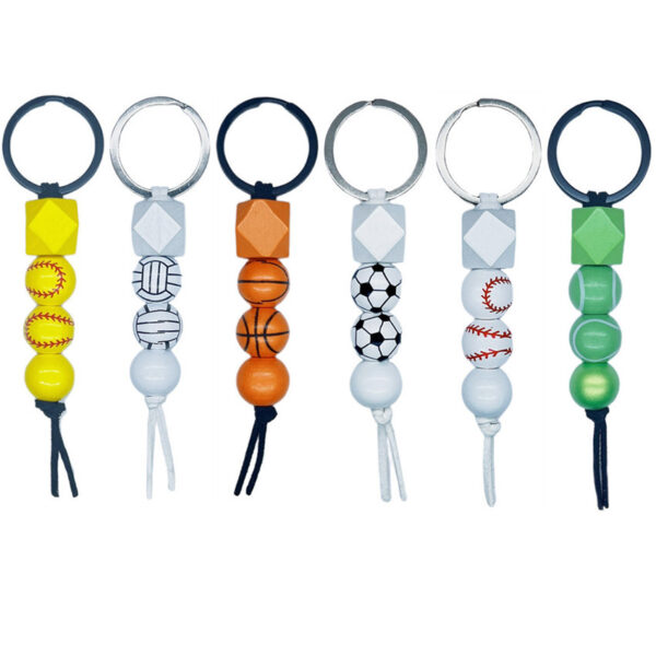 Wholesale Football Basketball Tennis Wooden Bead Printing Keychain