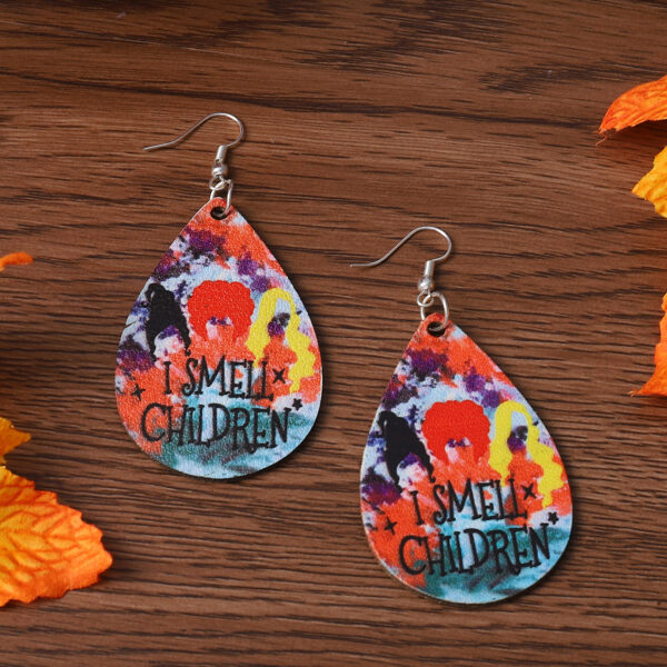 Wholesale Witch Head I Smell Children Water Drop Double Sided PU Leather Earrings