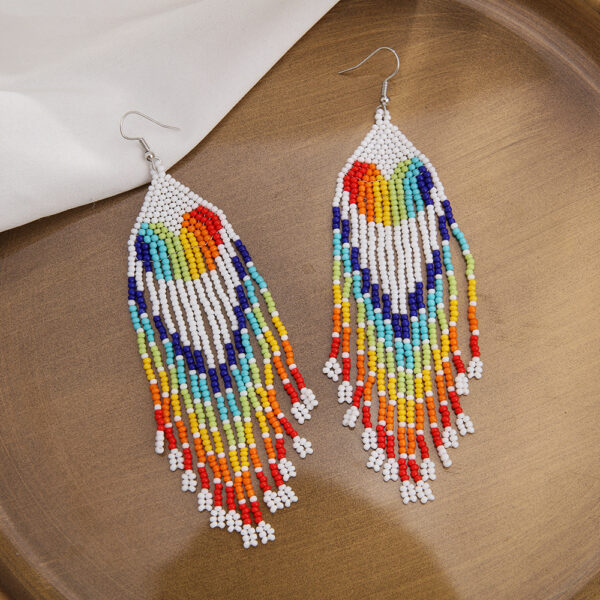 Wholesale Bohemian Handwoven Rainbow Heart-shaped Rice Bead Tassel Earrings