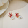 Wholesale Drip Oil Flower Pearls Enamel Pink Blue Petals Alloy Earrings