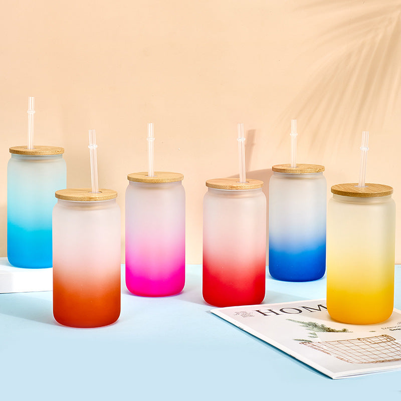 Wholesale Sublimation 16oz Thermal Transfer Frosted Gradient Bamboo Lid Glass