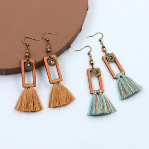 Wholesale Bohemian Square Tassel Long Wooden Earrings