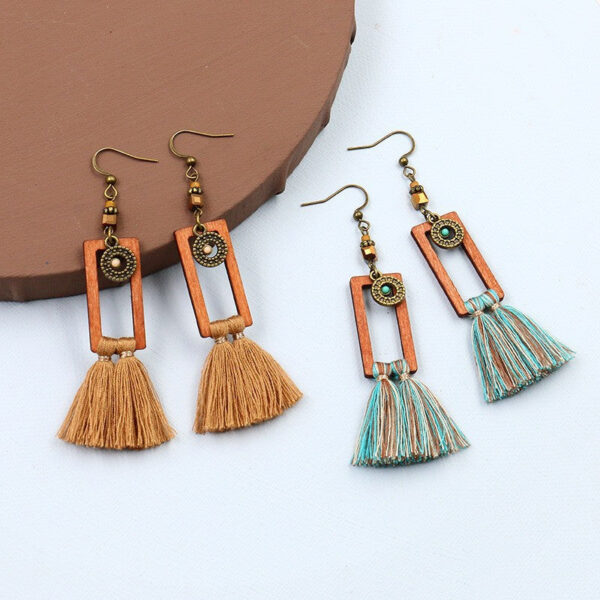 Wholesale Bohemian Square Tassel Long Wooden Earrings