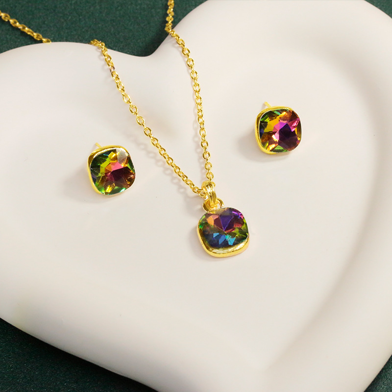 Wholesale Cross-border explosions jewelry European and American fashion earrings necklace set female Sn Color square diamond pendant earrings jewelry