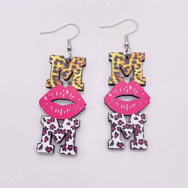 Wholesale Mother's Day MOM Leopard Pink Lip Print Wooden Earrings